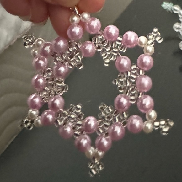 Handmade Christmas ornaments set of 7: 3 angels & 4 stars beaded pearled white - Picture 3 of 16